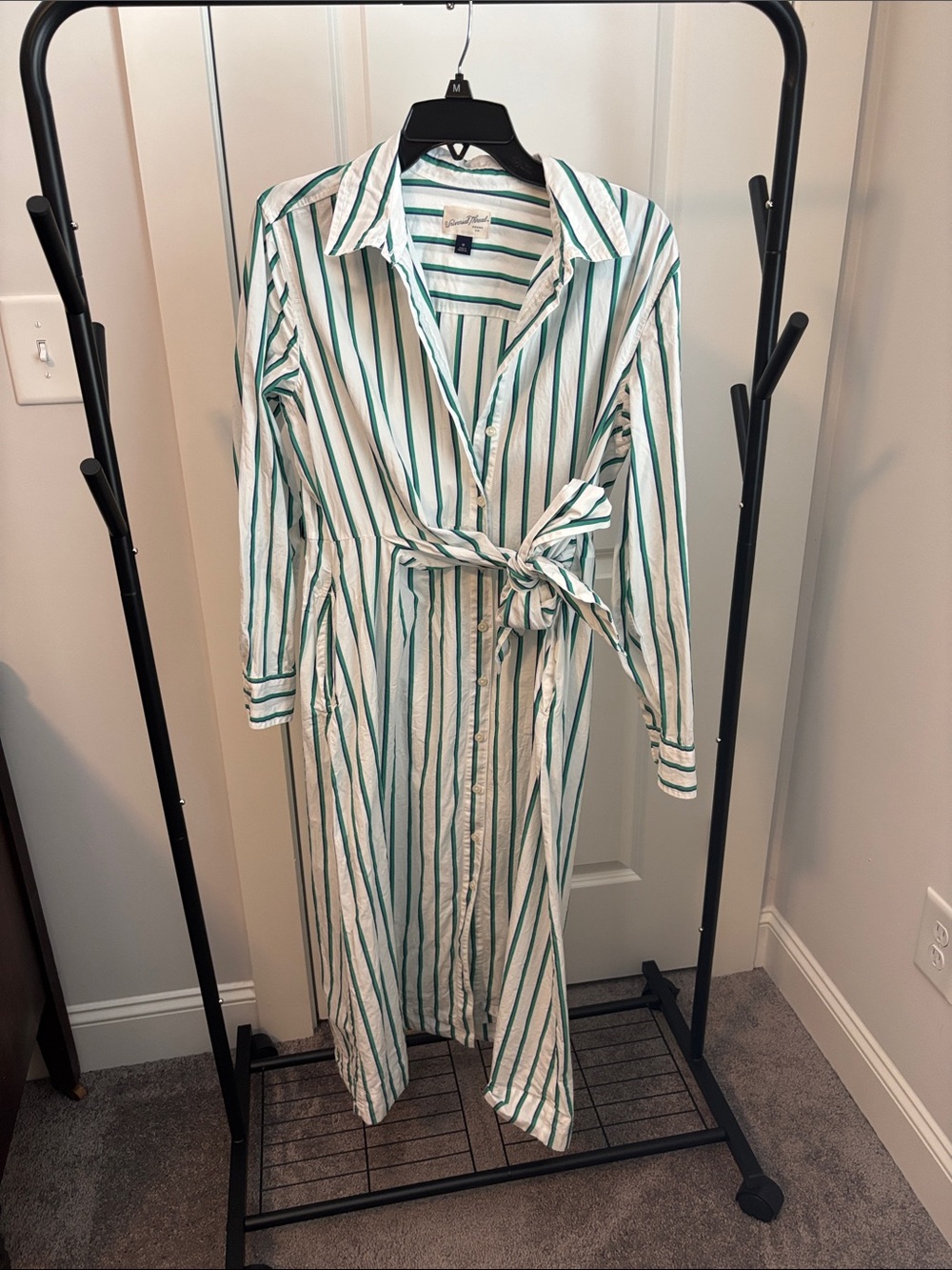 Universal Thread Green and White Striped Midi Shirt Dress with Waist Tie